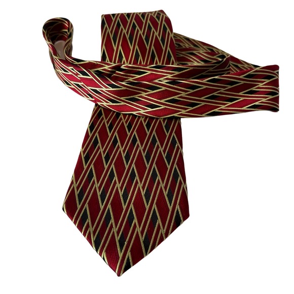 DESANTIS COLLECTION Silk Necktie ITALY Geometric Diamonds Red/Black/Gold - Picture 1 of 8